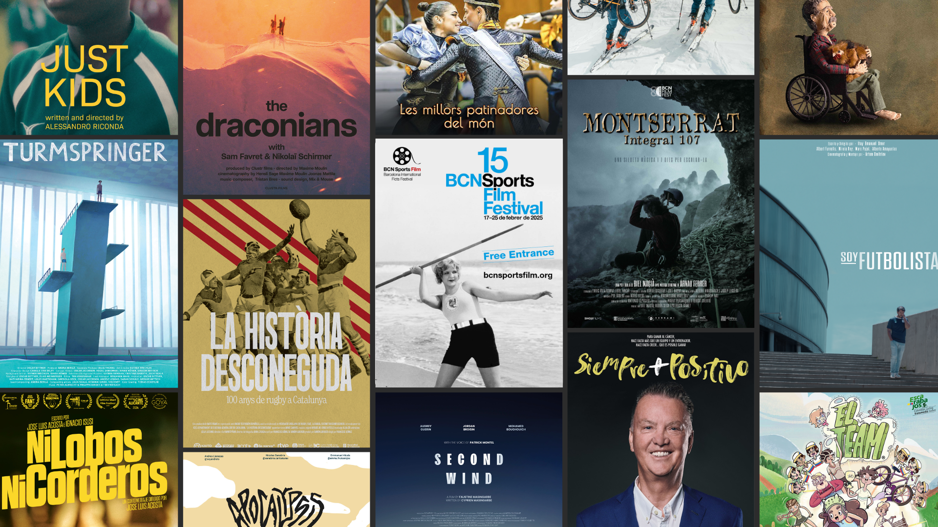 Imagen del cartel de la 15ª edición del BCN Sports Film Festival acompañado de varios carteles de las producciones seleccionadas para el festival.